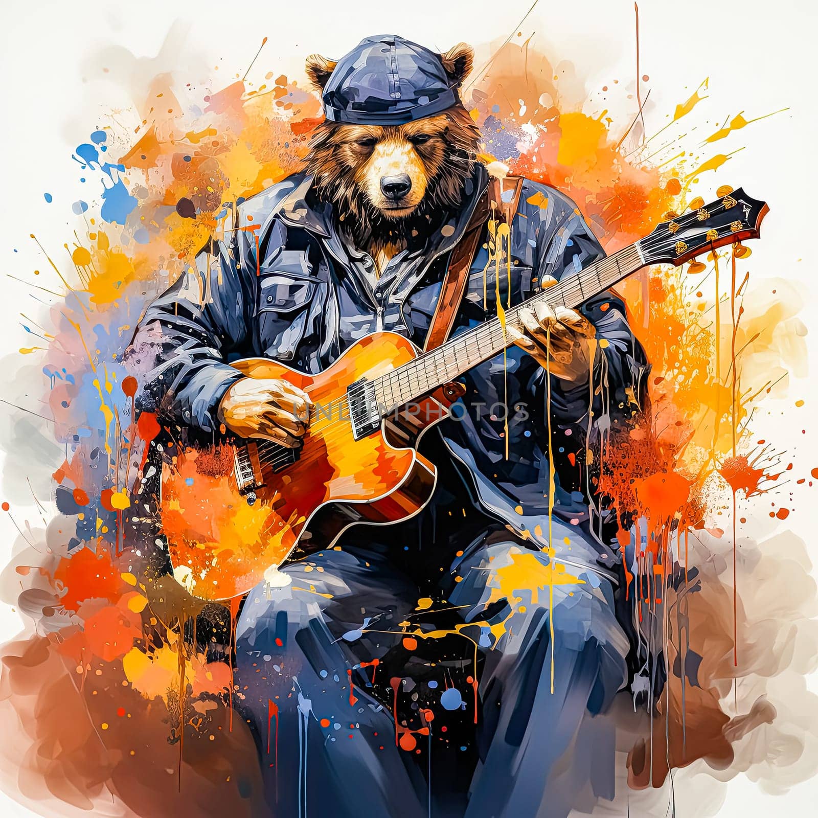 bear in a blue suit plays a guitar, against a background of watercolor splashes, AI generation