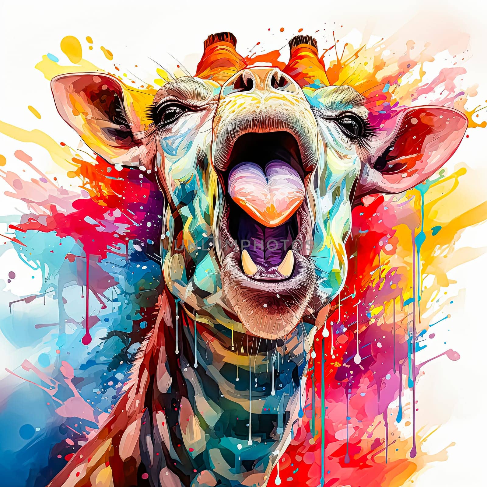 The giraffe shows the tongue in the style of watercolor. AI generated
