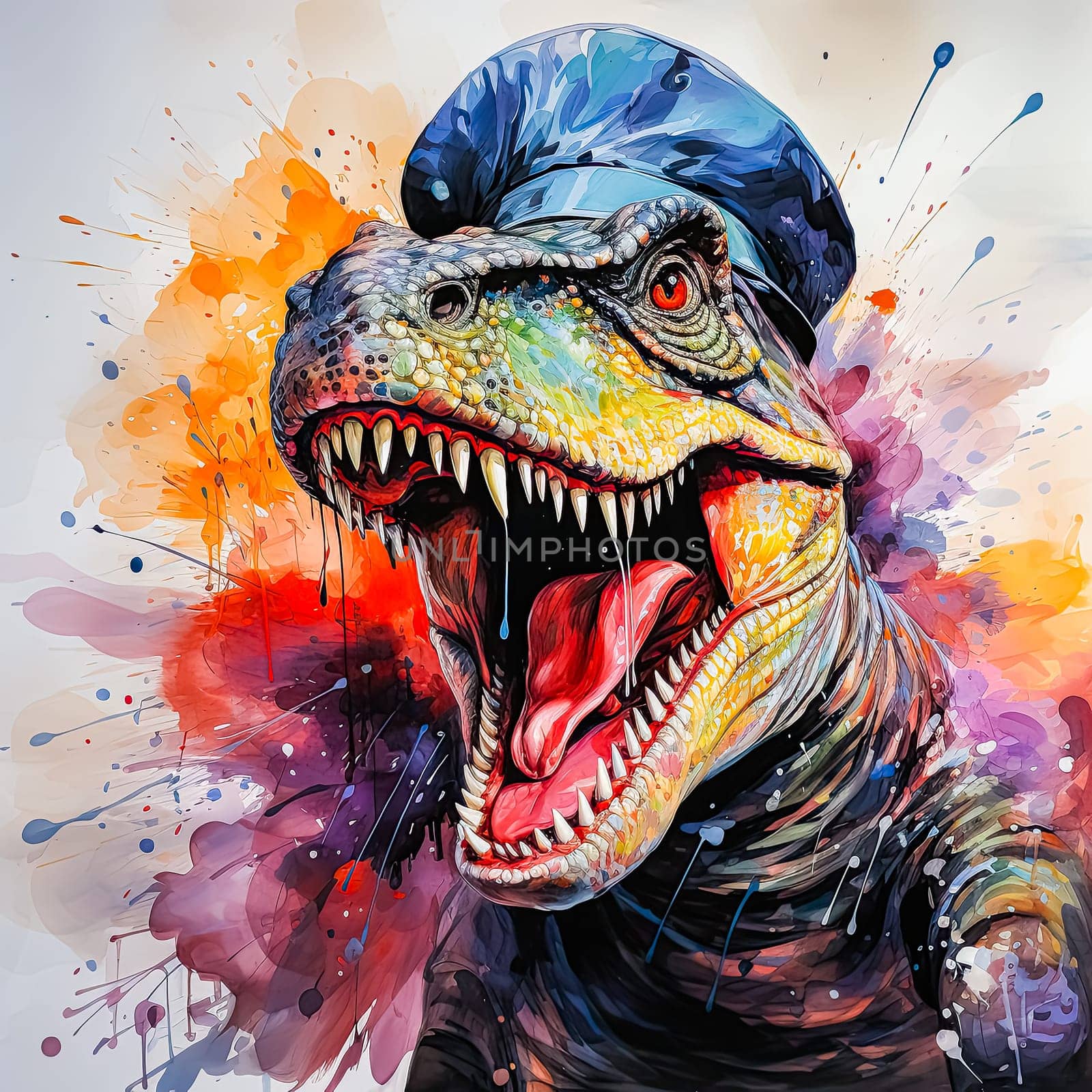 Tyrannosaurus in a policeman's hat shows grin, watercolor spray, ai generation
