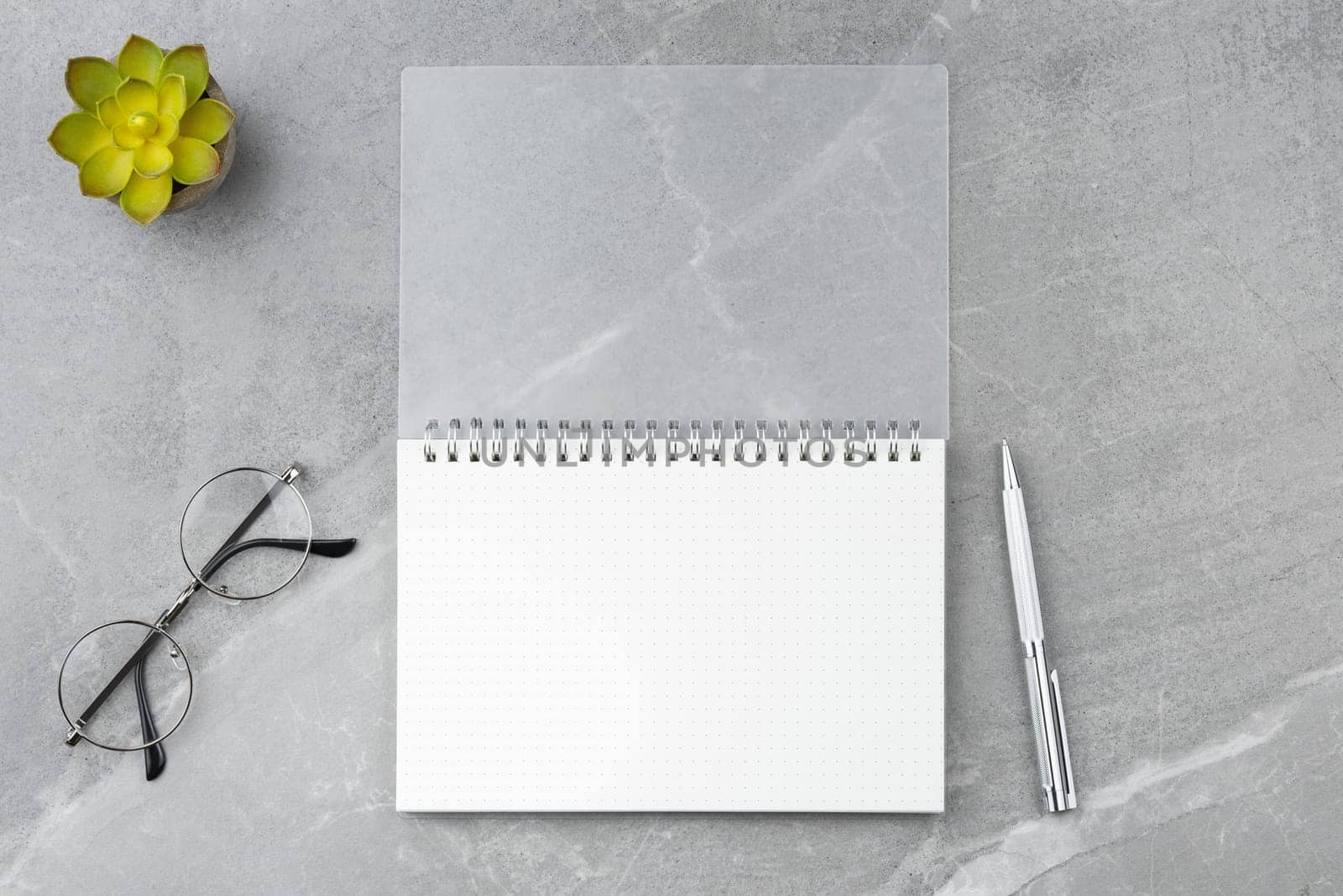 Spiral open notebook with transparent cover, glasses, steel pen and plant in the pot on gray marble background. Top view. Office desk concept.