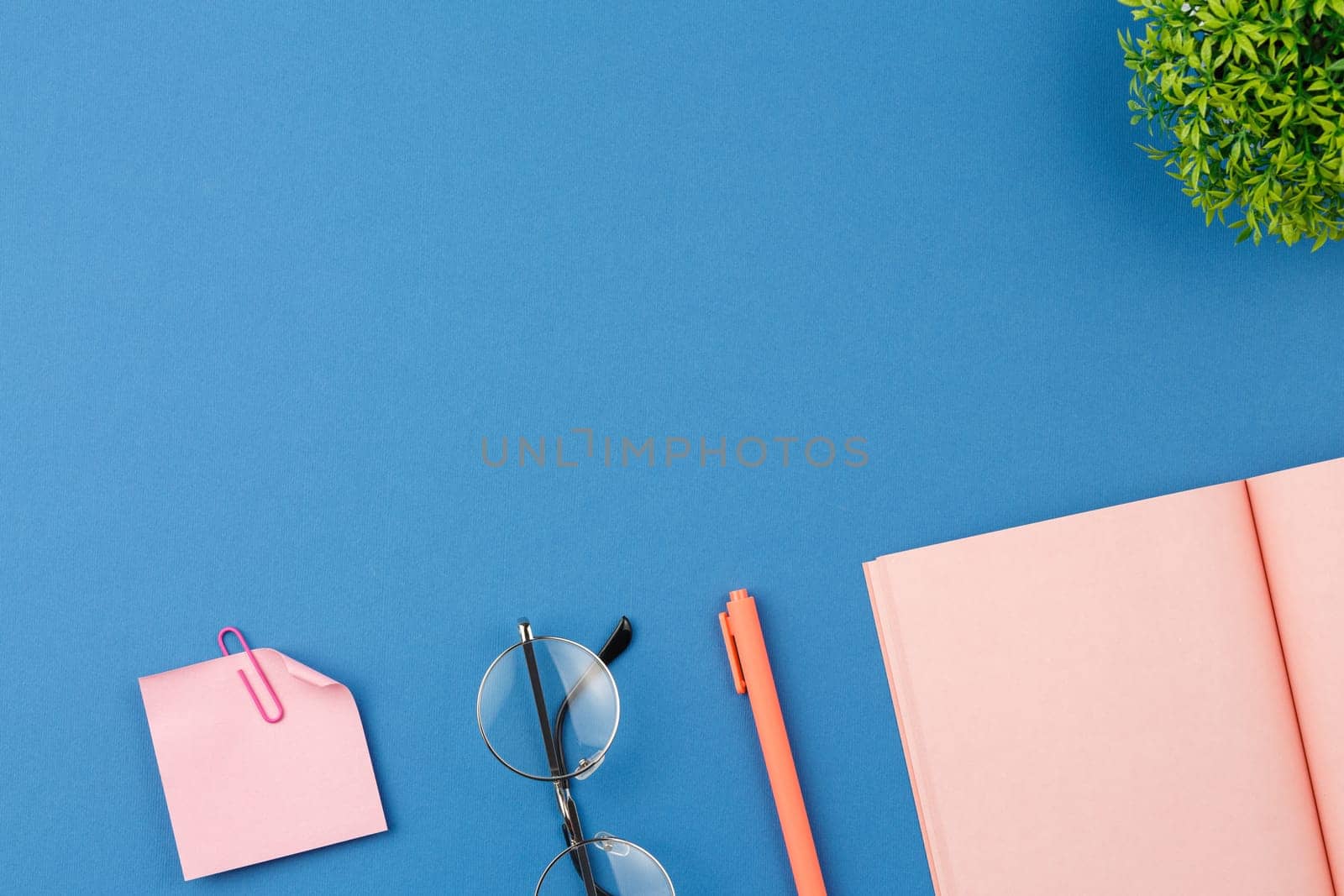 Pink notebook with a pen, glasses, a piece of paper for notes, a colored paper clip and a home plant with green leaves on a blue isolated background. Flat lay. Top view.