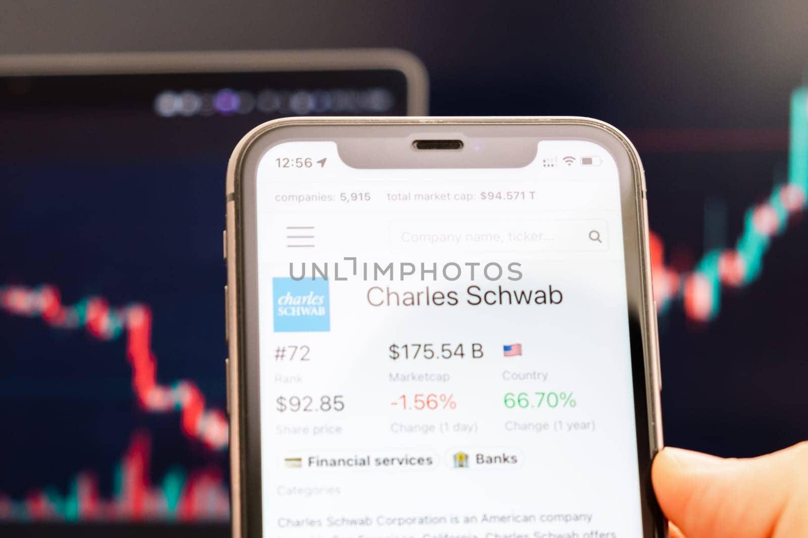 Charles Schwab stock price on the screen of cell phone in mans hand with changing stock market exchange with trading candlestick graph analysis, February 2022, San Francisco, USA