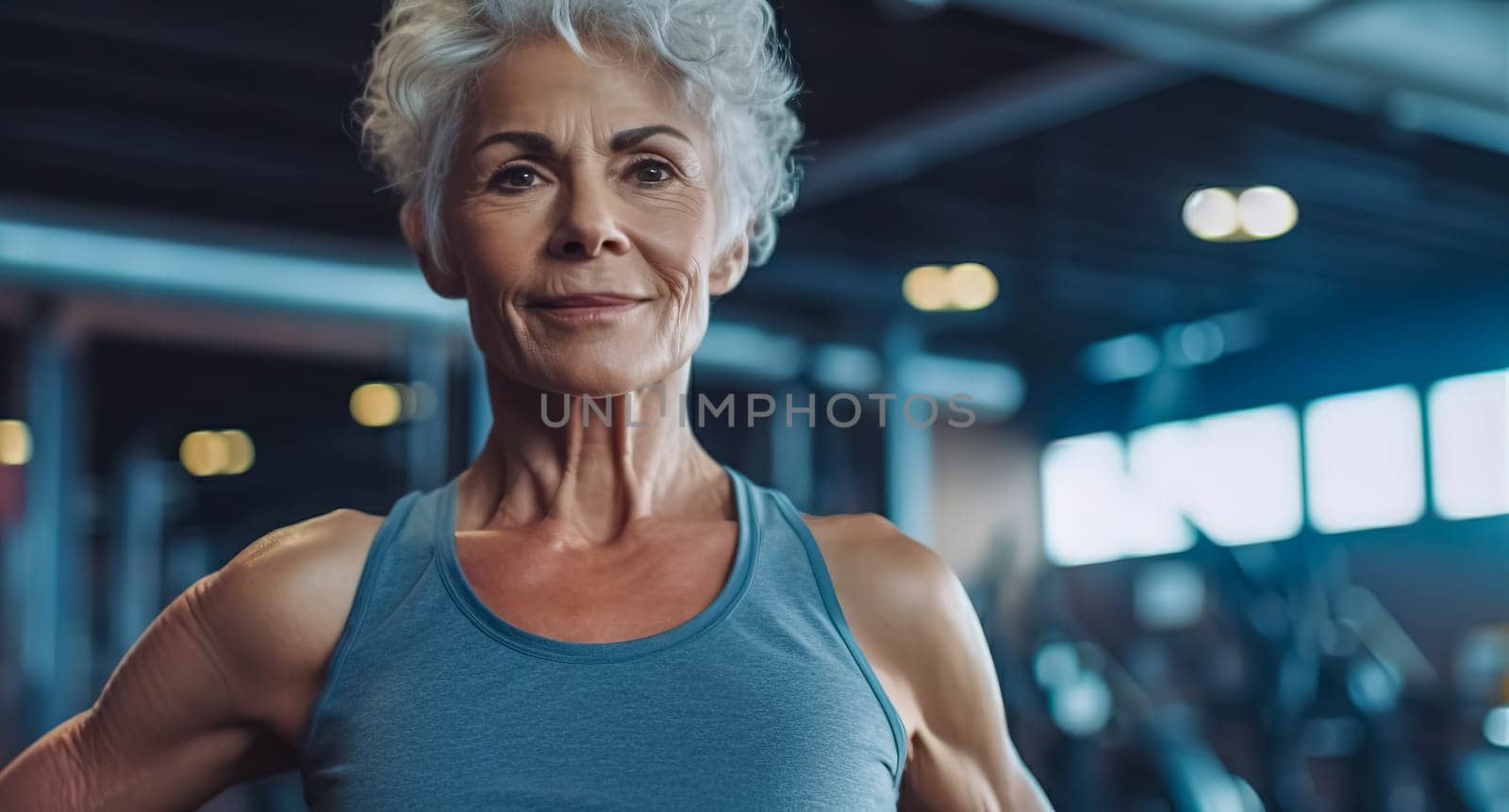 fitness senior woman in gym, concept of healthy lifestyle in advanced age, made with Generative AI. High quality illustration