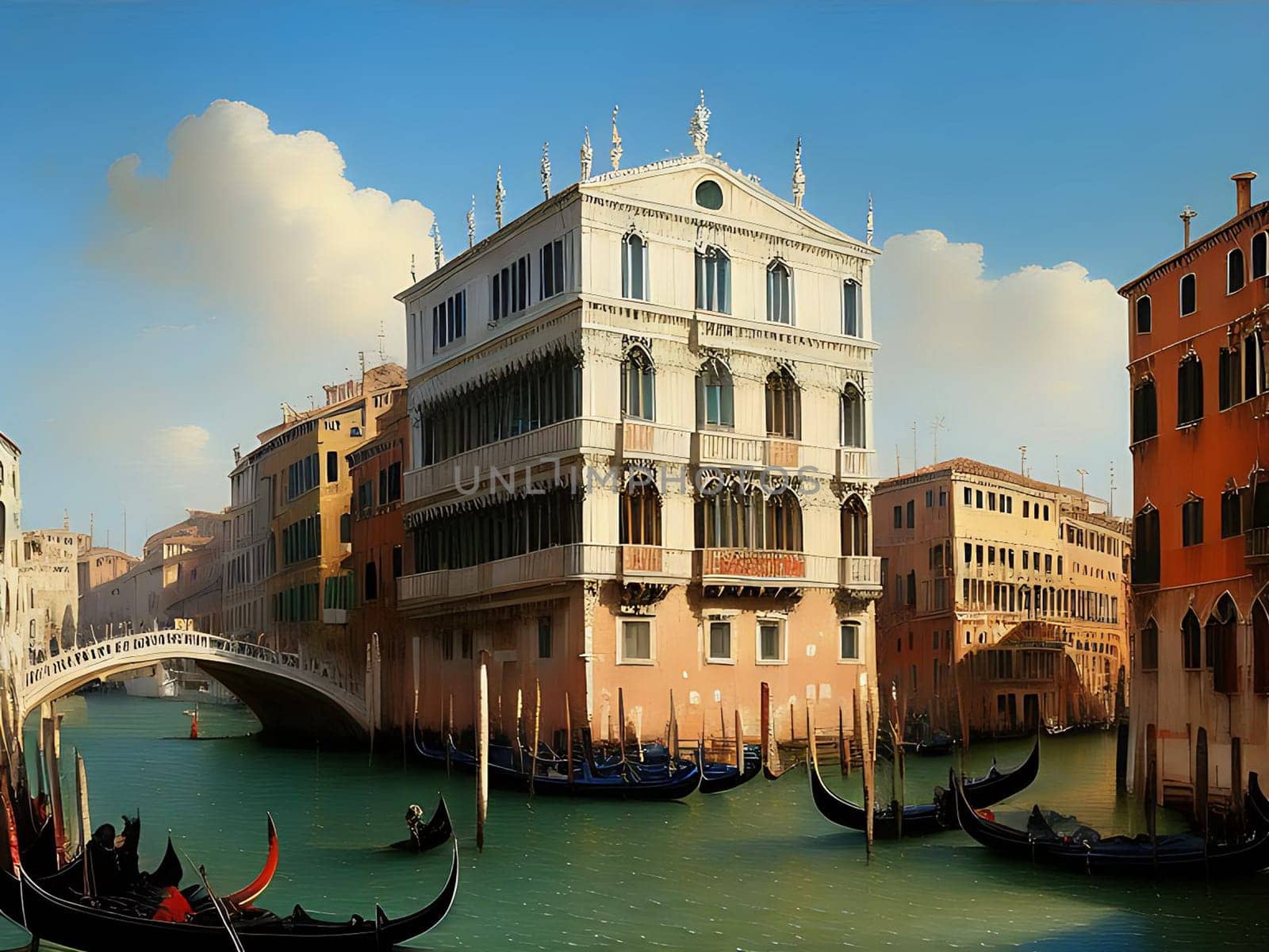 A mesmerizing scene unfolds on the iconic Grand Canal in Venice, Italy. Gondolas gracefully navigate the shimmering waters, framed by the elegant Rialto Bridge in the distance. This AI-generated view captures the essence of Venice, showcasing the city's timeless beauty and enchanting atmosphere. The tranquil canal serves as a captivating stage where gondoliers skillfully steer their boats, transporting passengers on a romantic and unforgettable Venetian serenade.