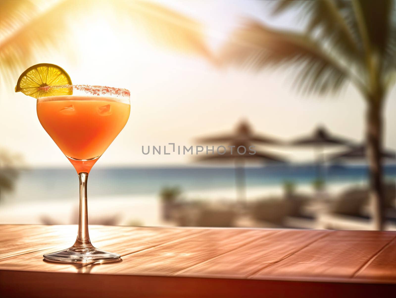 Orange dirty martini cocktail standing on sunlit bar deck with a beach sea shore view. Generative AI.