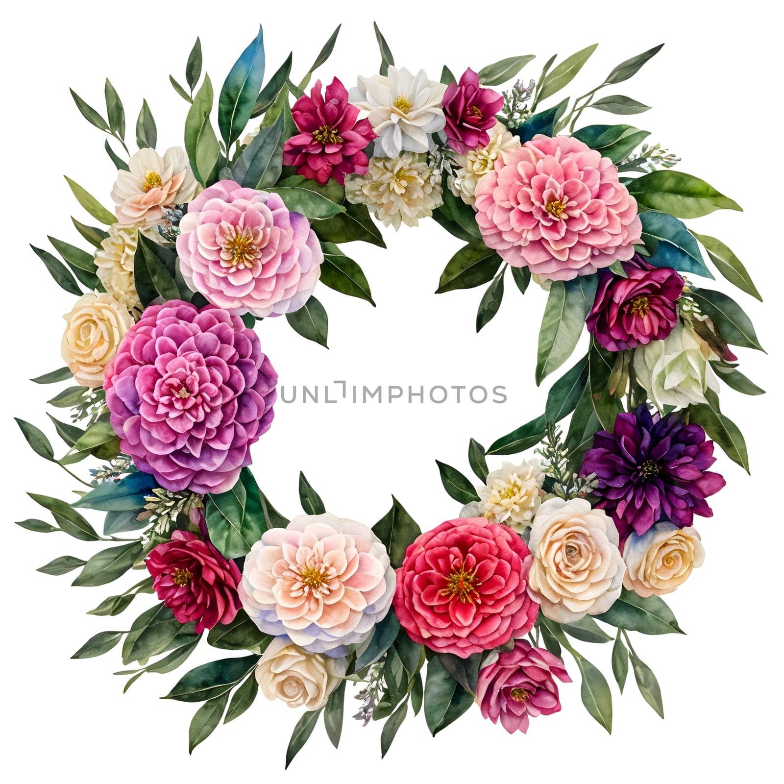 Watercolor Floral Wreath with Pink, White, Purple, Red Flowers and Leaves on White Background for Invitations, Wedding or Greeting Cards, Package Design, Decoration. AI Generated