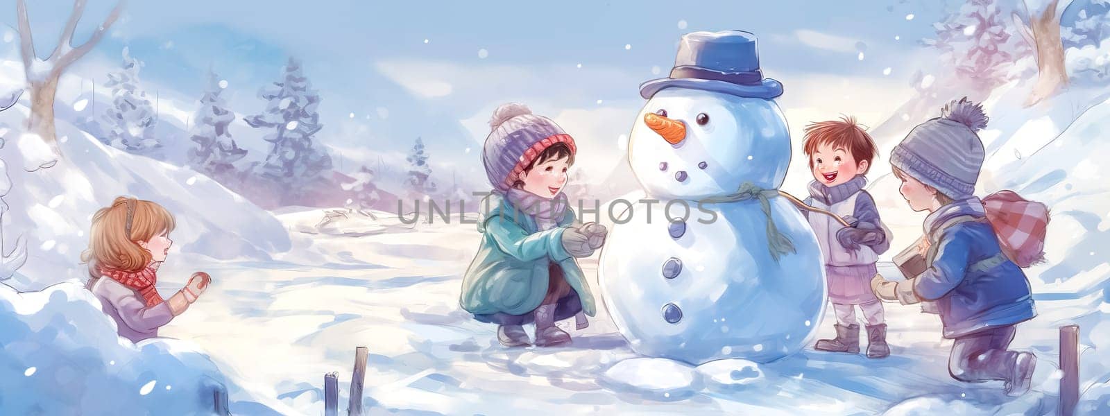 snowman in winter landscape, children enjoy Christmas holidays, banner made with Generative AI. High quality illustration