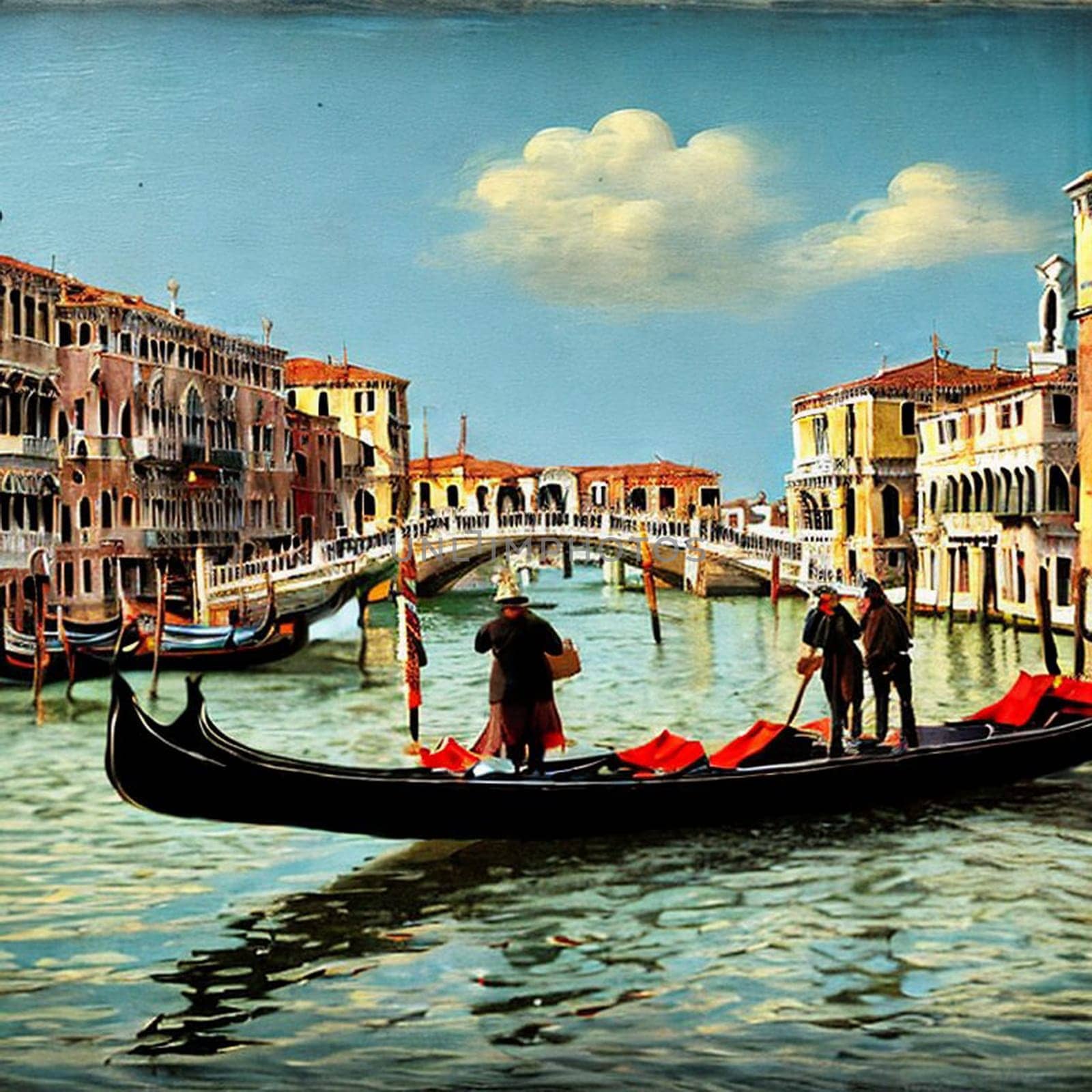 AI-generated view capturing the enchanting allure of Venice's Grand Canal, with a graceful gondola gracefully navigating its shimmering waters. The iconic Rialto Bridge stands tall in the background, adding a touch of architectural magnificence to this picturesque scene in Italy.