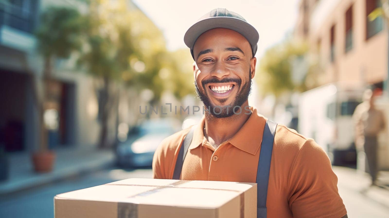 Smiling delivery man holding cardbox parcel box looking at camera blurred street background. Generative ai