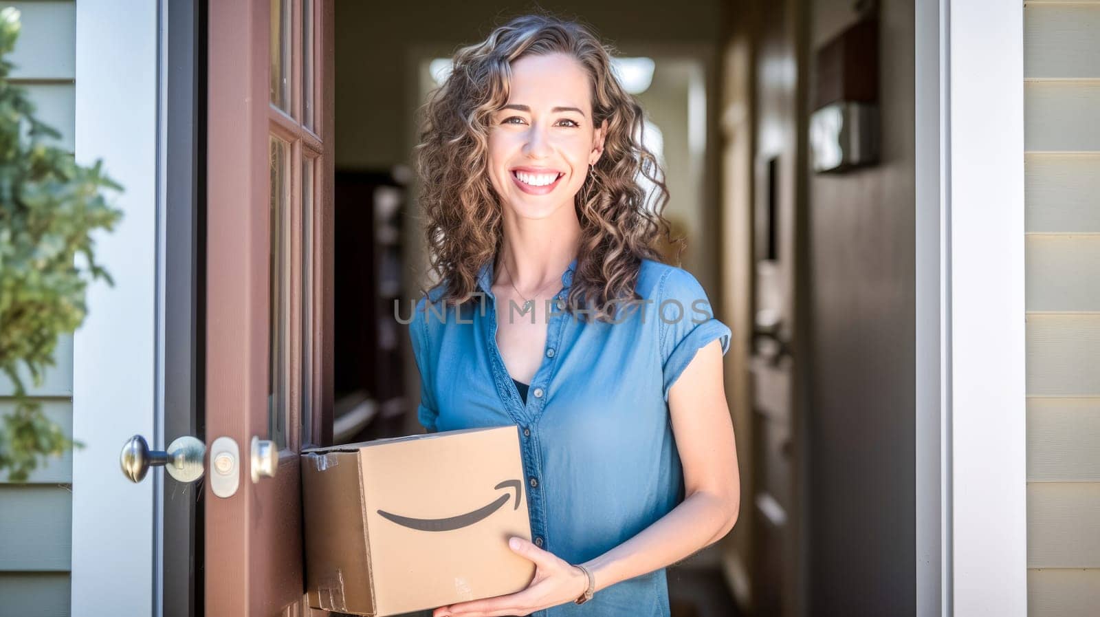 Smiling woman holding Amazon Prime cardboard parcel box against front door house entrance. Black Friday sale. Online shopping. Generative ai