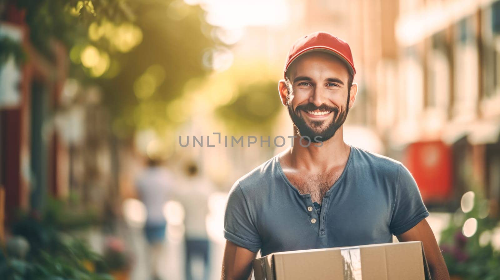 Smiling delivery man holding cardbox parcel box looking at camera blurred street background. Generative ai