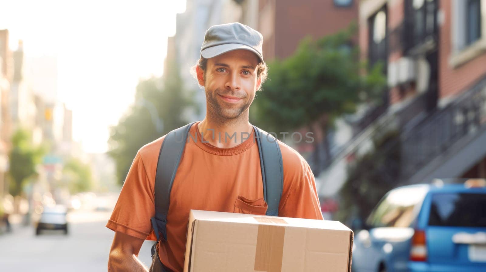Smiling delivery man holding cardbox parcel box looking at camera blurred street background. Generative ai