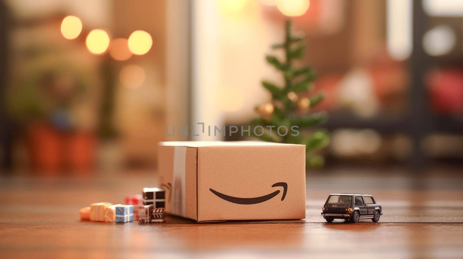 Delivered parcel box on table with blurred home background. Amazon Prime shopping. Generative Ai