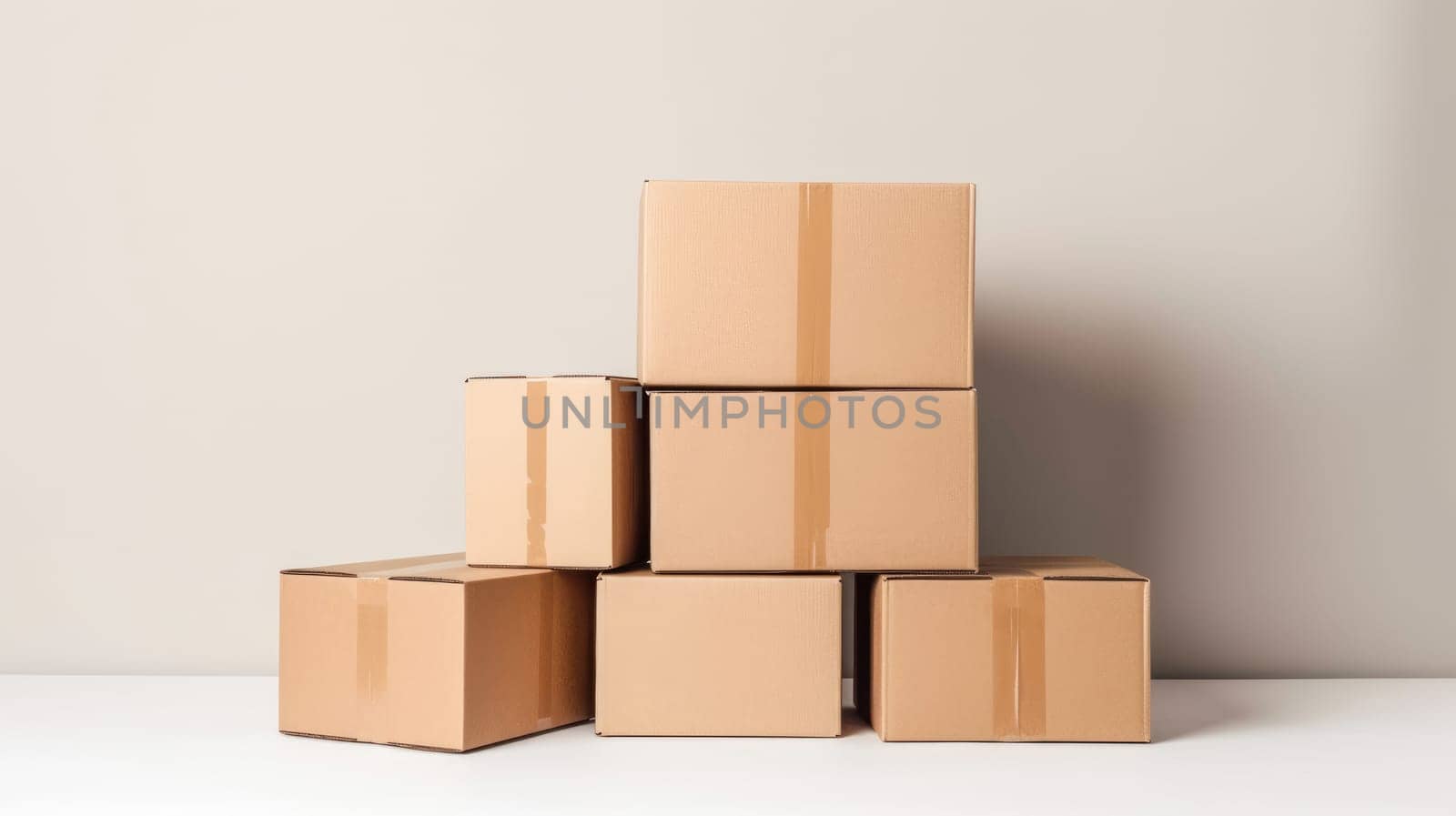 Pile of cardboard boxes packages on white background. Generative Ai