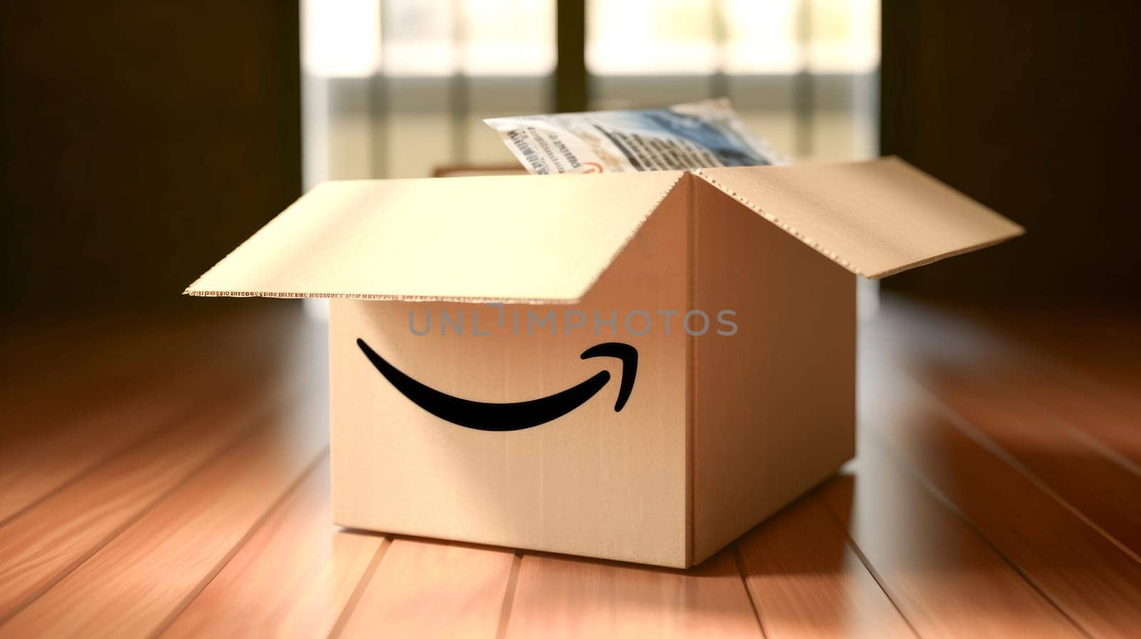 Opened Amazon prime parcel box on wooden floor blurred home background. Amazon Prime shopping. Generative Ai