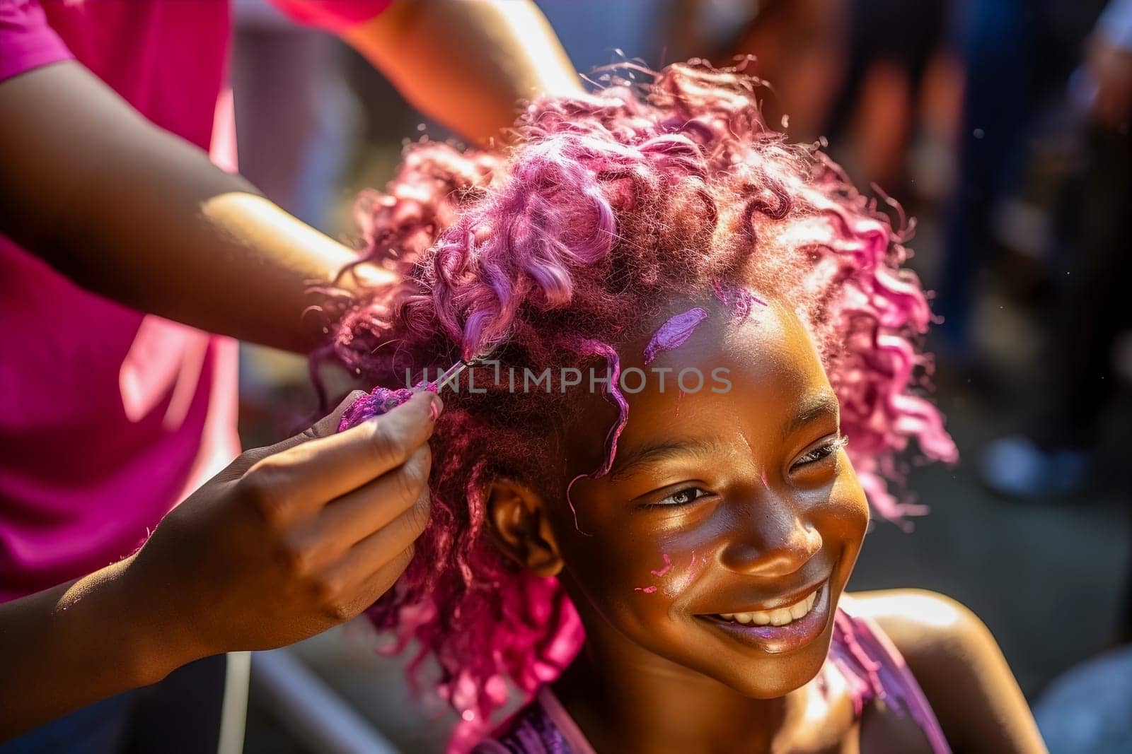 Young African American woman gets her hair dyed pink in a salon. Generative AI. High quality illustration