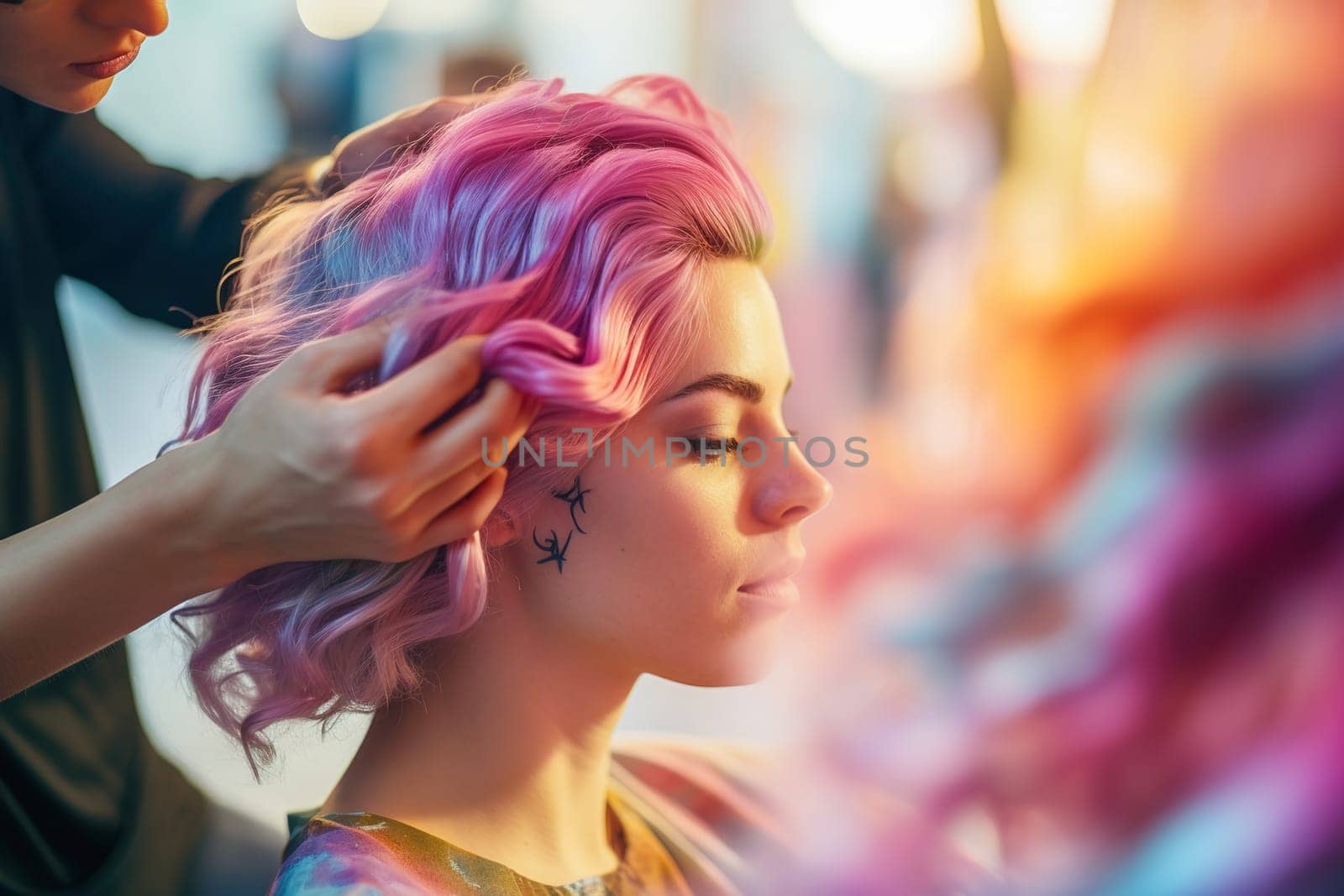 Beautiful girl with pink hair at the hairdresser. Generative AI by Yurich32