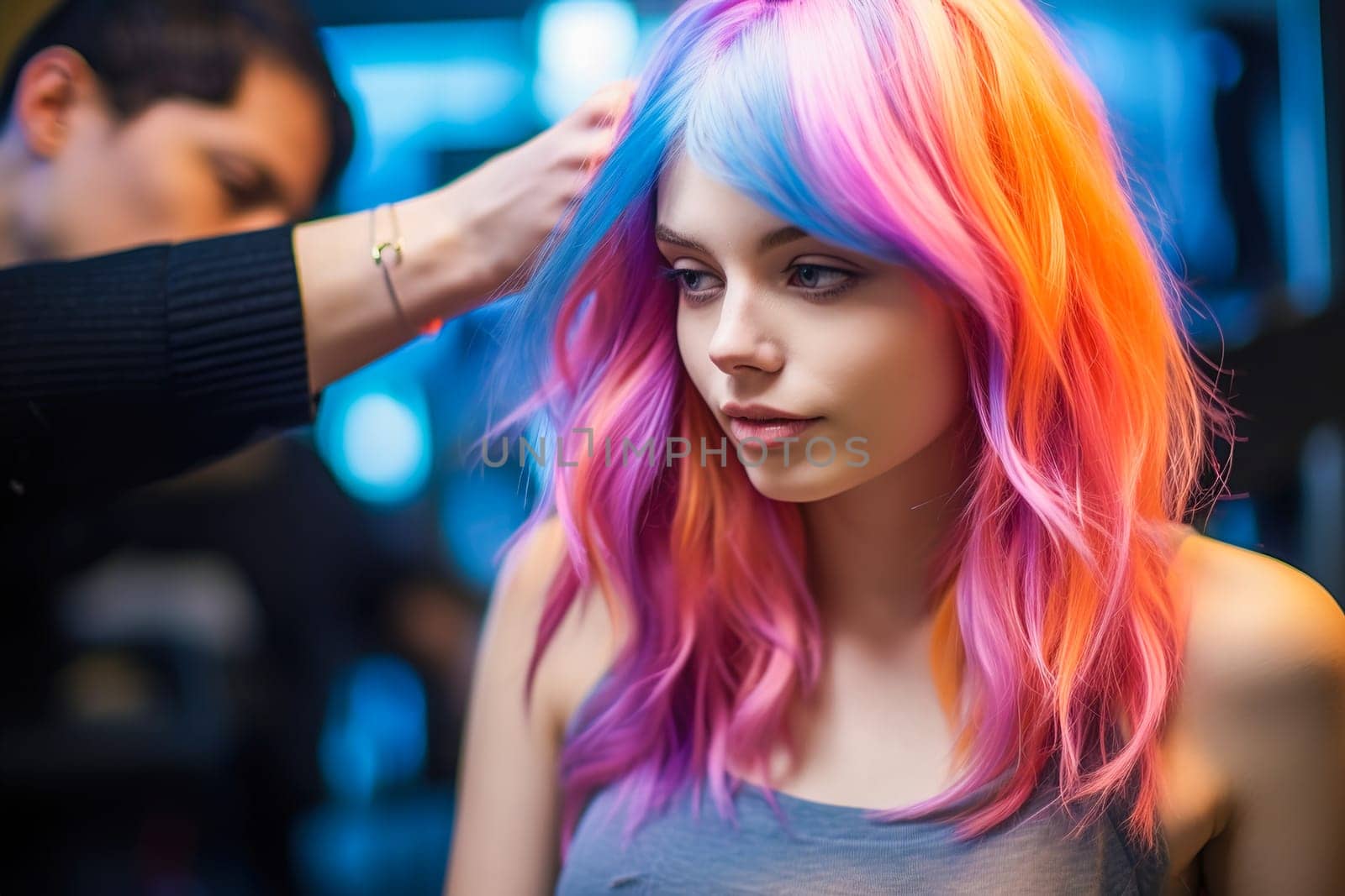 Beautiful girl with pink hair at the hairdresser. Generative AI by Yurich32