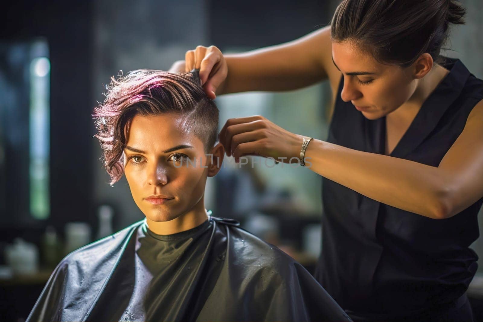 The master takes care of the hair of a woman in a beauty salon. Generative AI. High quality illustration