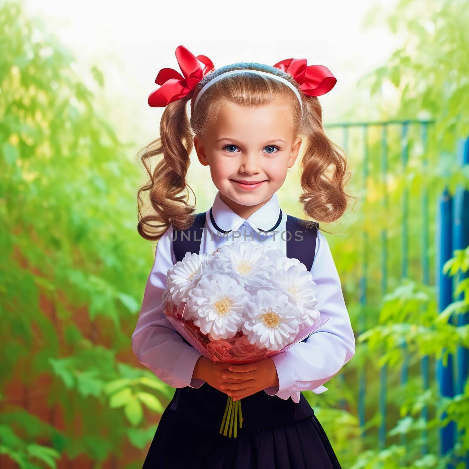 Portrait of a first-grader with a bouquet of flowers. Generative AI. High quality illustration