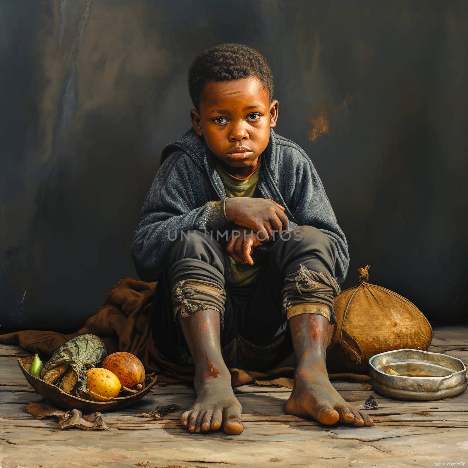 African hungry boy sits on the ground and eats. Generative AI. High quality illustration