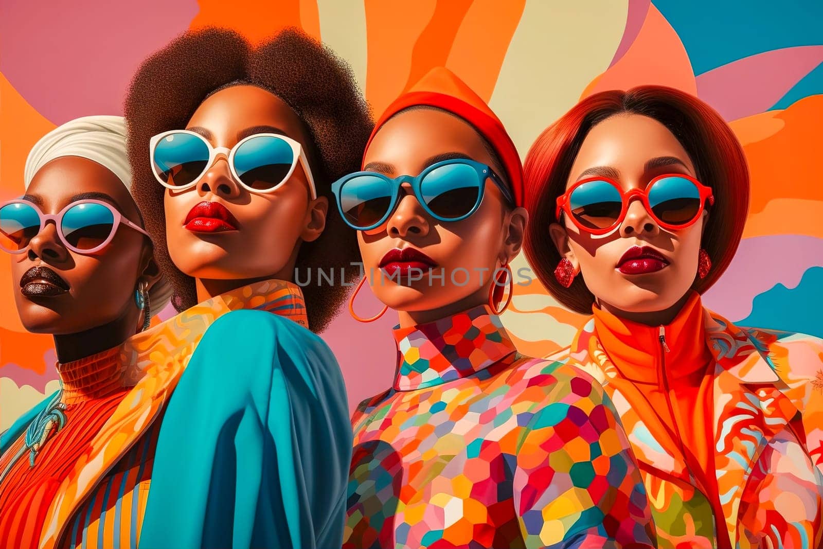 Young African American women in glamorous colorful costumes. Generative Ai. High quality illustration