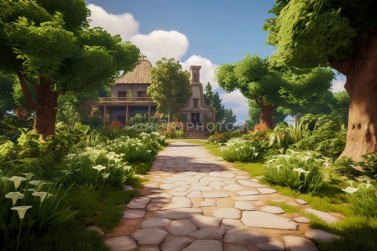 Clinker brick path to the house, landscaping. Generative AI. High quality illustration