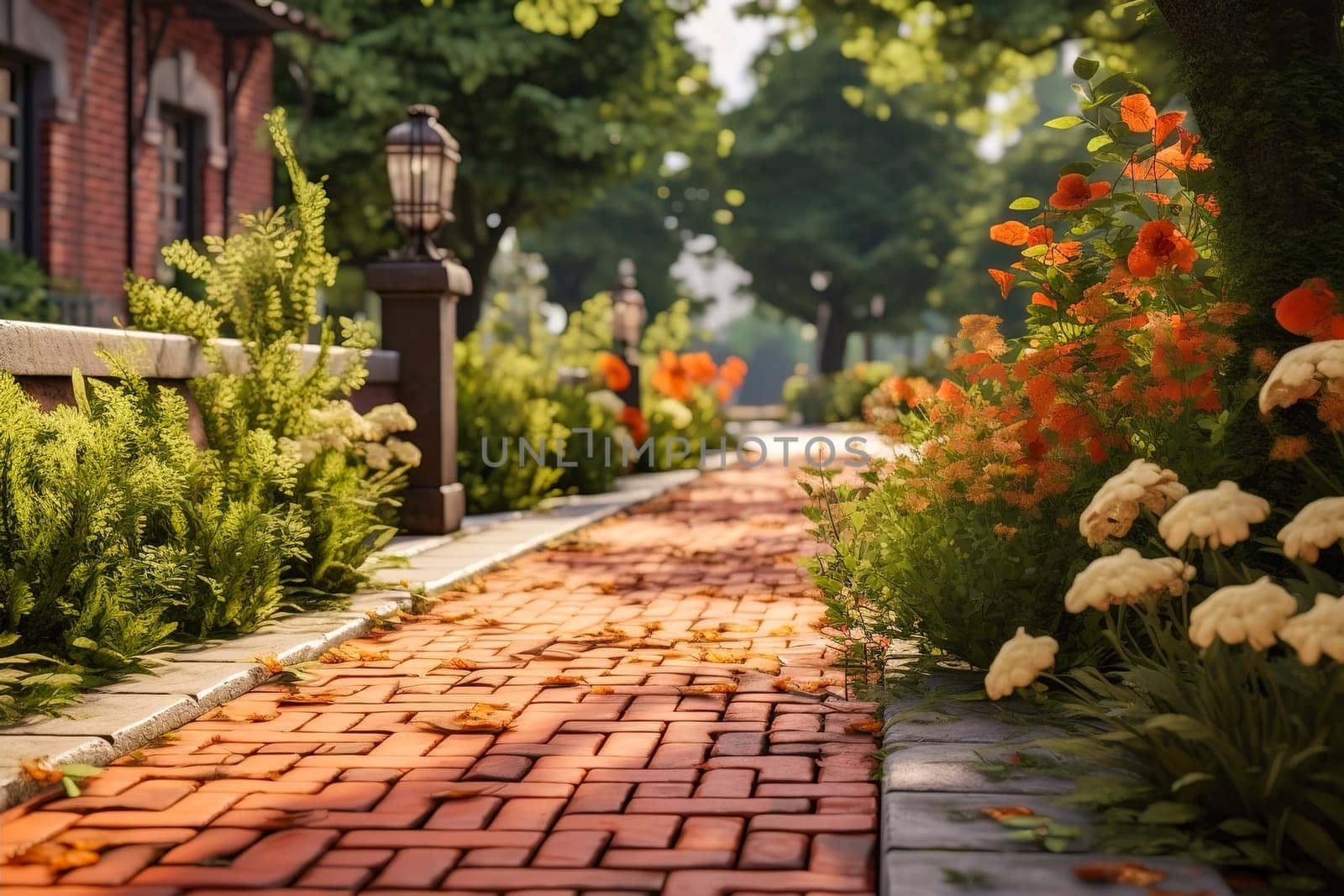 Clinker brick path to the house, landscaping. Generative AI. High quality illustration