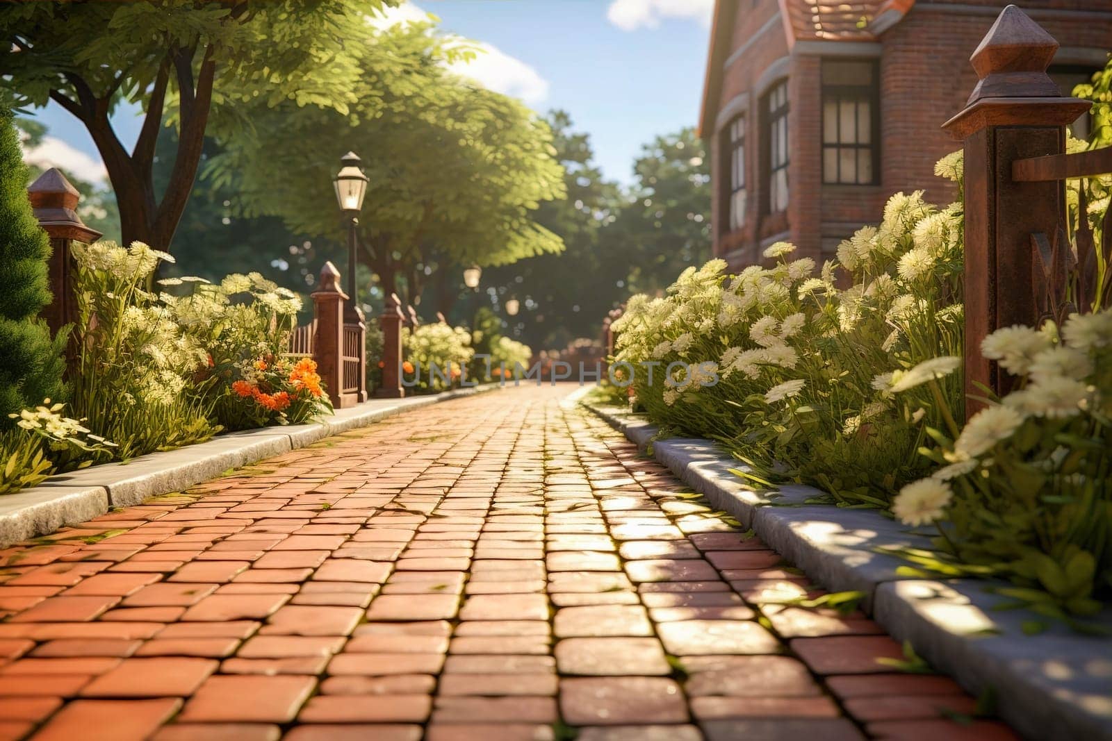 Clinker brick path to the house, landscaping. Generative AI. High quality illustration