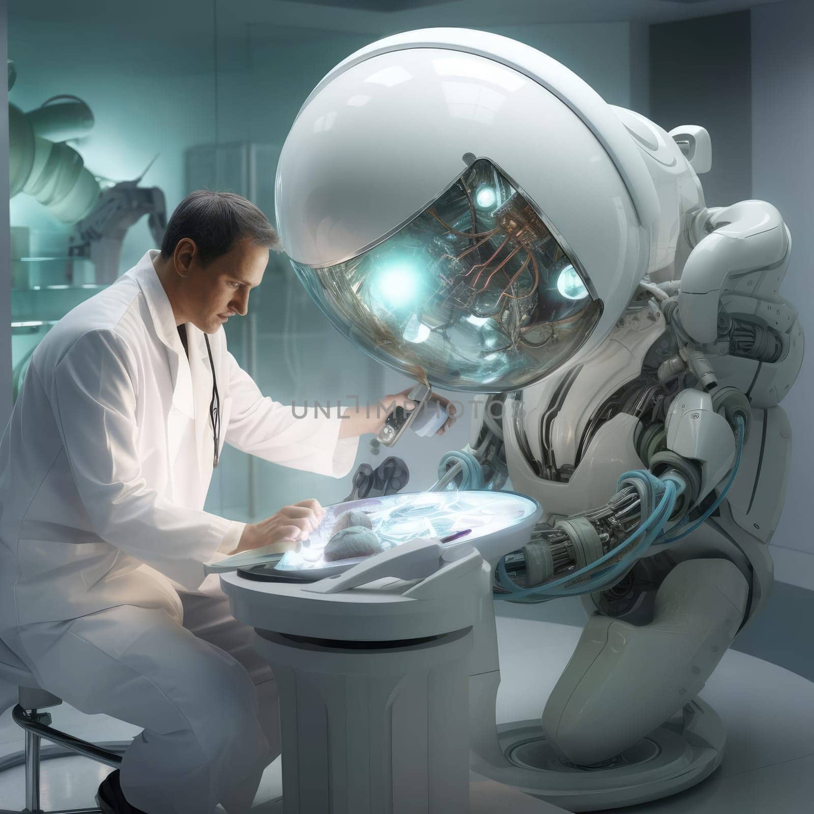A man in a white doctor's coat treats a robot