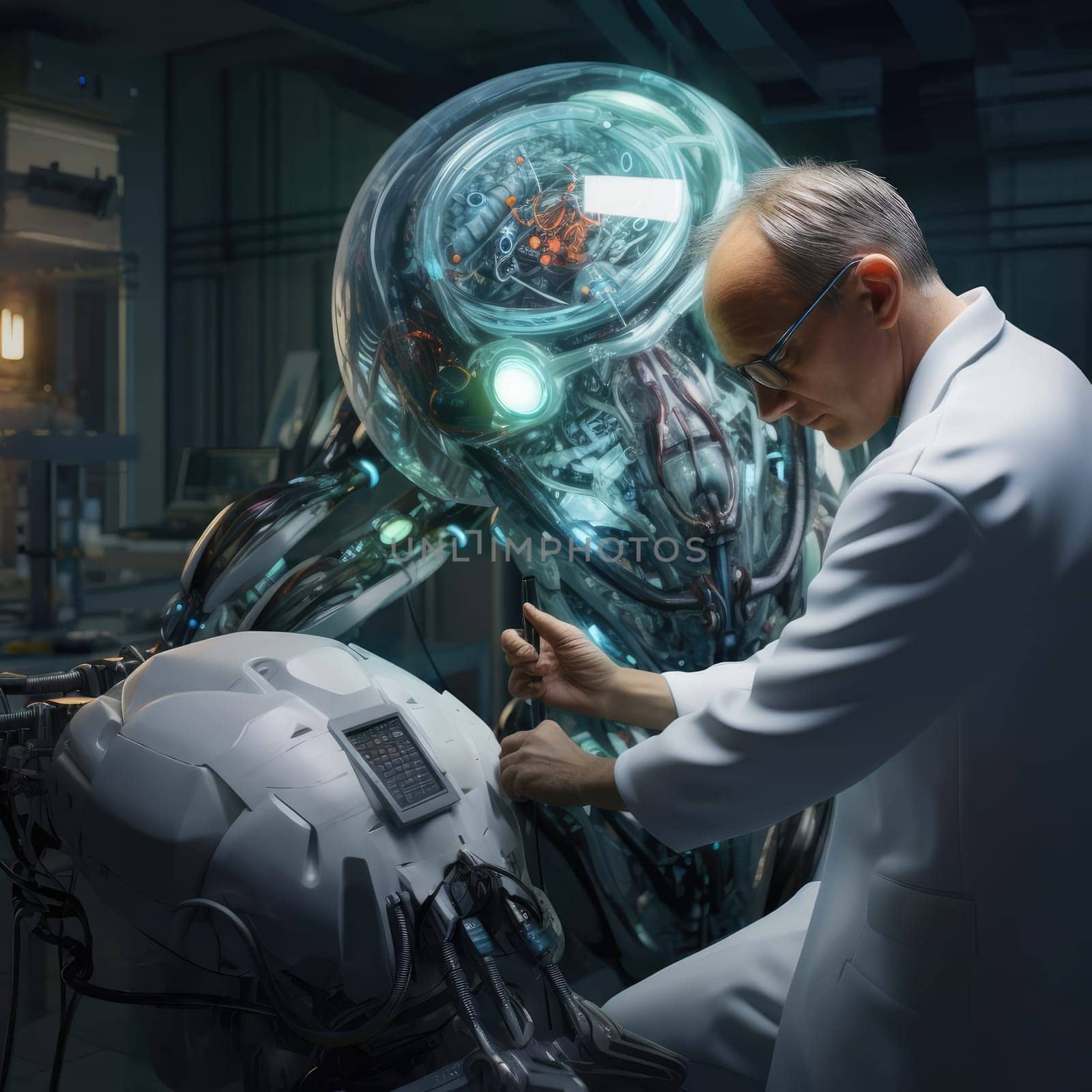 A man in a white doctor's coat treats a robot