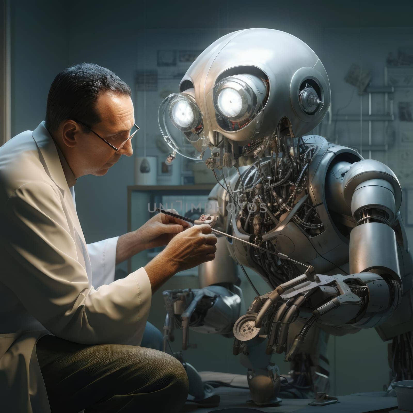 A man in a white doctor's coat treats a robot