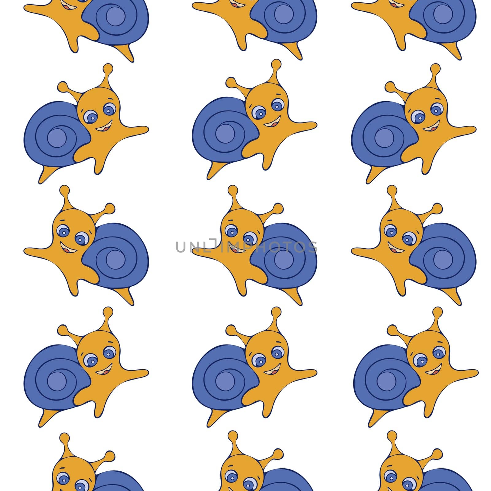 Cute Snail Seamless Pattern. Hand Drawn Digital Paper with Colorful Snail Illustration. Wallpaper with Cute Blue and Orange Snail on White Background.