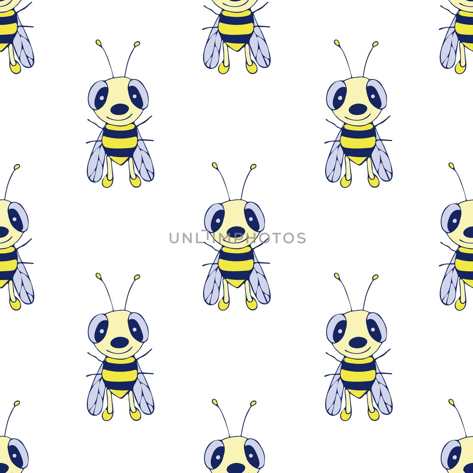 Cute Bee Seamless Pattern. Hand Drawn Digital Paper with Hand Drawn Wasp Illustration. Wallpaper with Cute Colorful Bumble Bee on White Background.