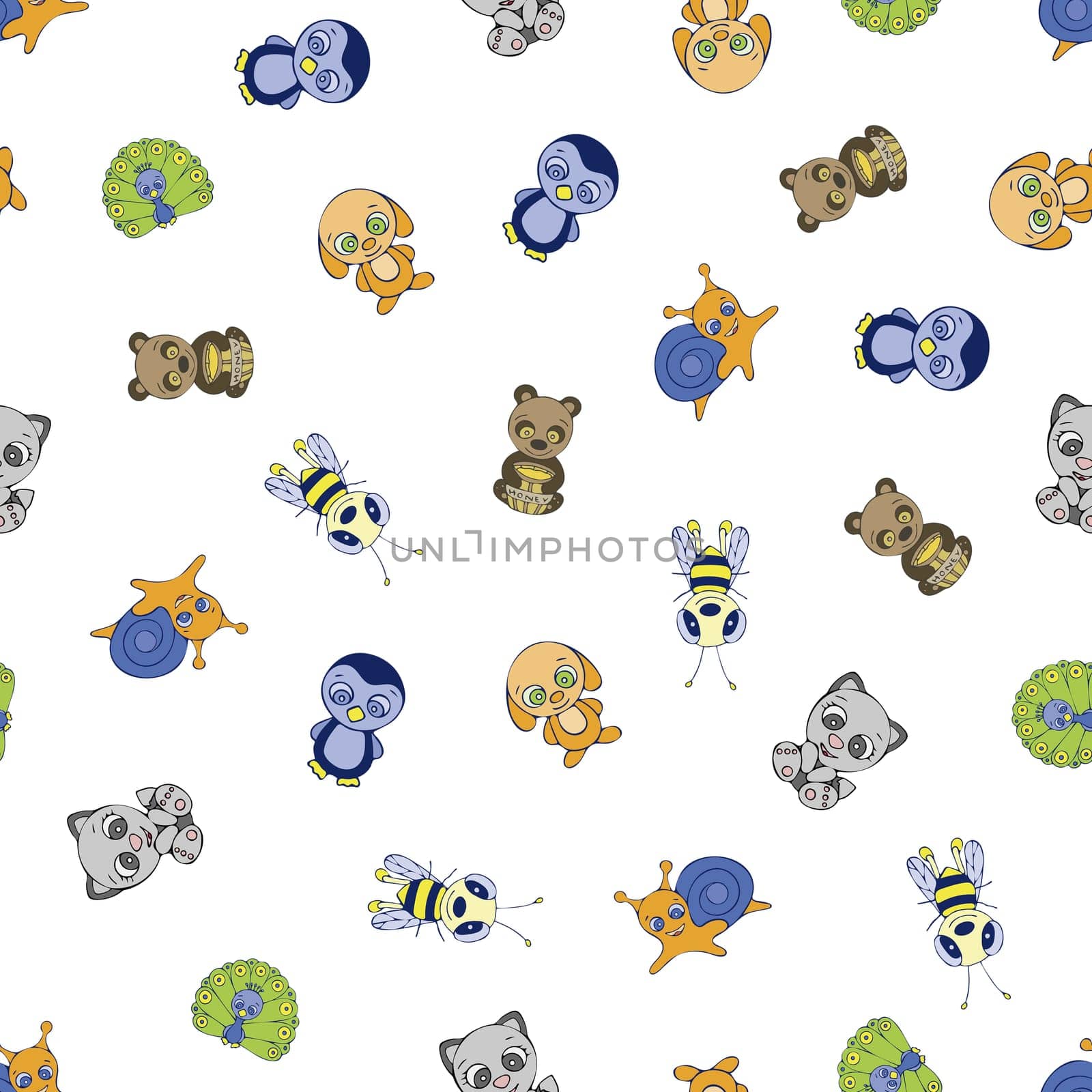 Cute Animals, Birds and Insects Seamless Pattern. Hand Drawn Digital Paper with Colorful Animals Illustration. Wallpaper with Cute Bear, Dog, Cat, Snail, Penguin, Bee and Peacock on White Background.