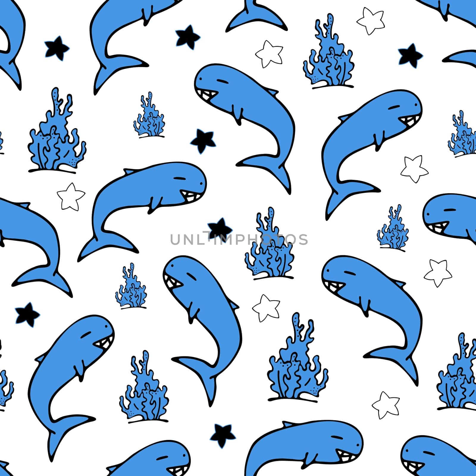 Whales, Corals and Sea Stars Seamless Pattern. Background for Kids with Hand Drawn Doodle Cute Fish. Cartoon Sea Animals Simple Illustration.
