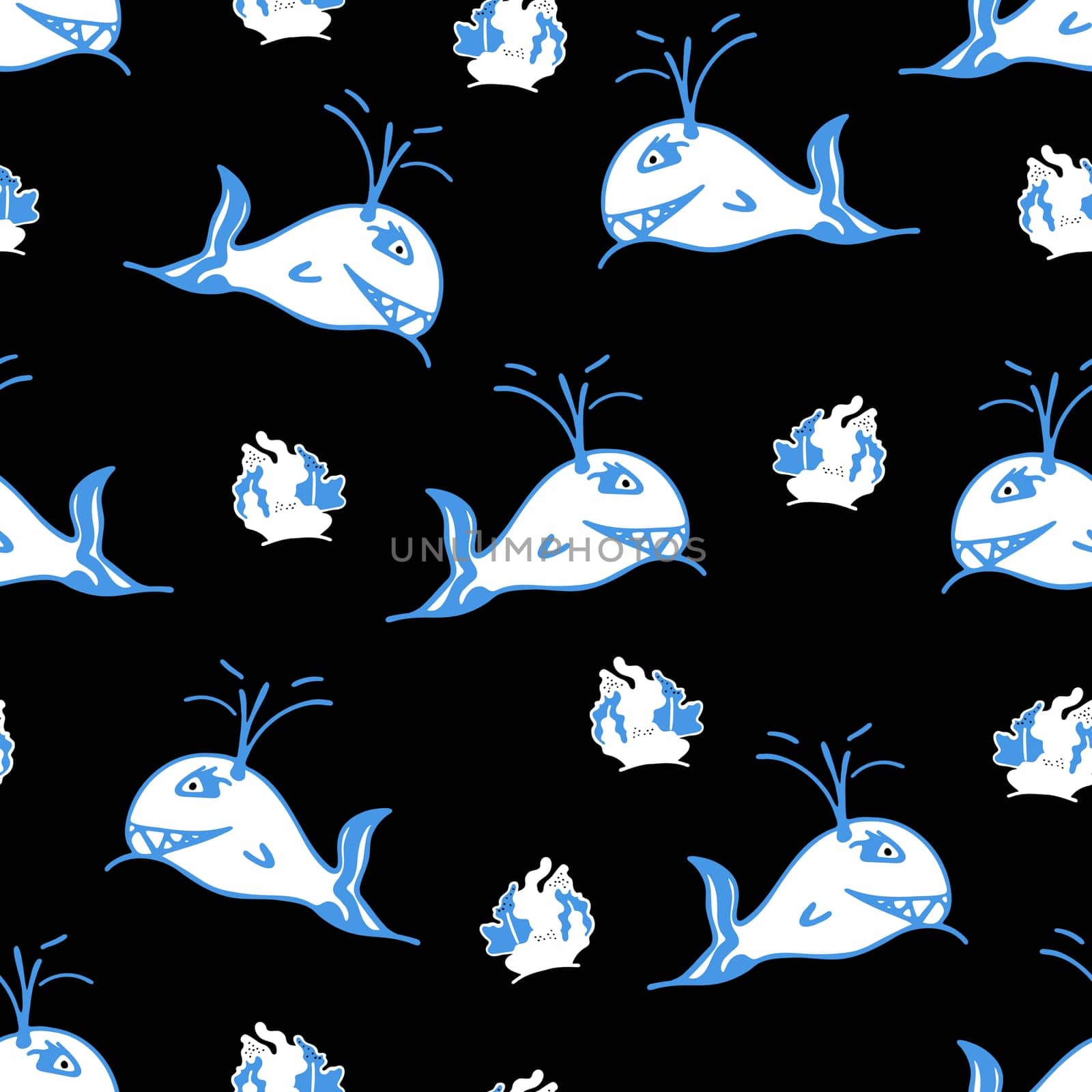 Whales and Corals Seamless Pattern. Background for Kids with Hand Drawn Doodle Cute Fish. Cartoon Sea Animals Simple Illustration.
