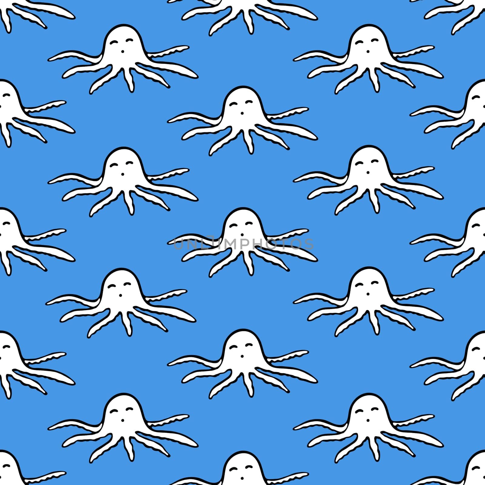 Octopus Seamless Pattern. Background for Kids with Hand Drawn Doodle Cute Octopus. Cartoon Sea Animals Simple Illustration.
