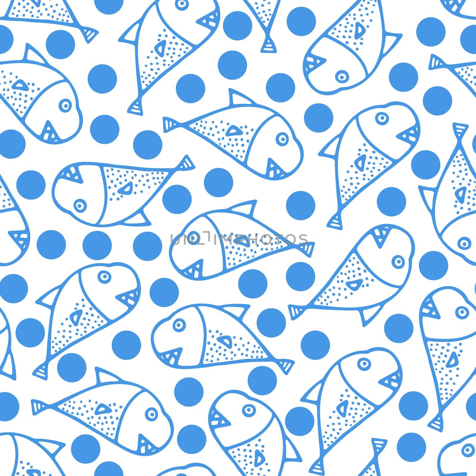 Whales Seamless Pattern. Background for Kids with Hand Drawn Doodle Cute Fish. Cartoon Sea Animals Simple Illustration.