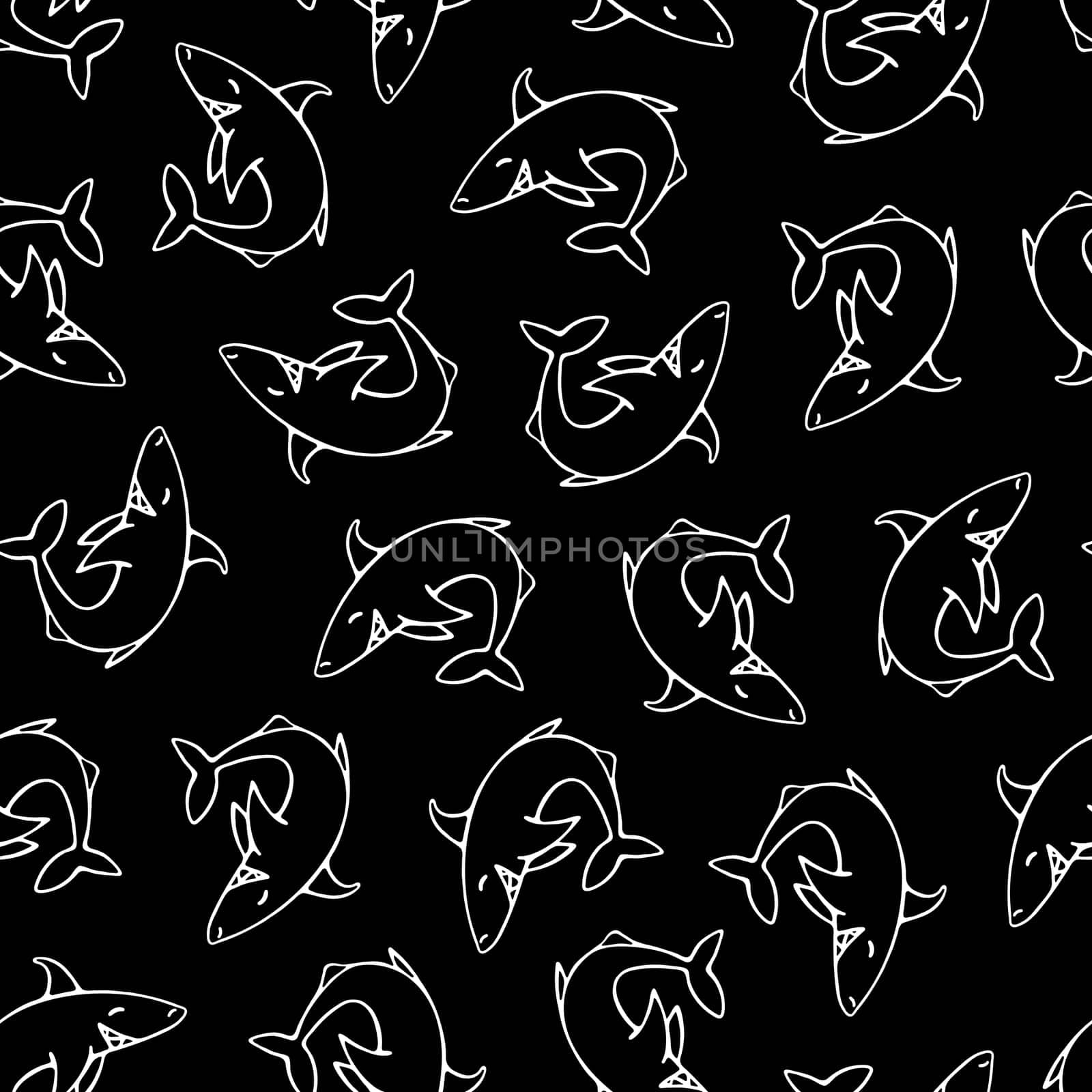 Shark Seamless Pattern. Background for Kids with Hand Drawn Doodle Cute Fish. Cartoon Sea Animals Simple Illustration.