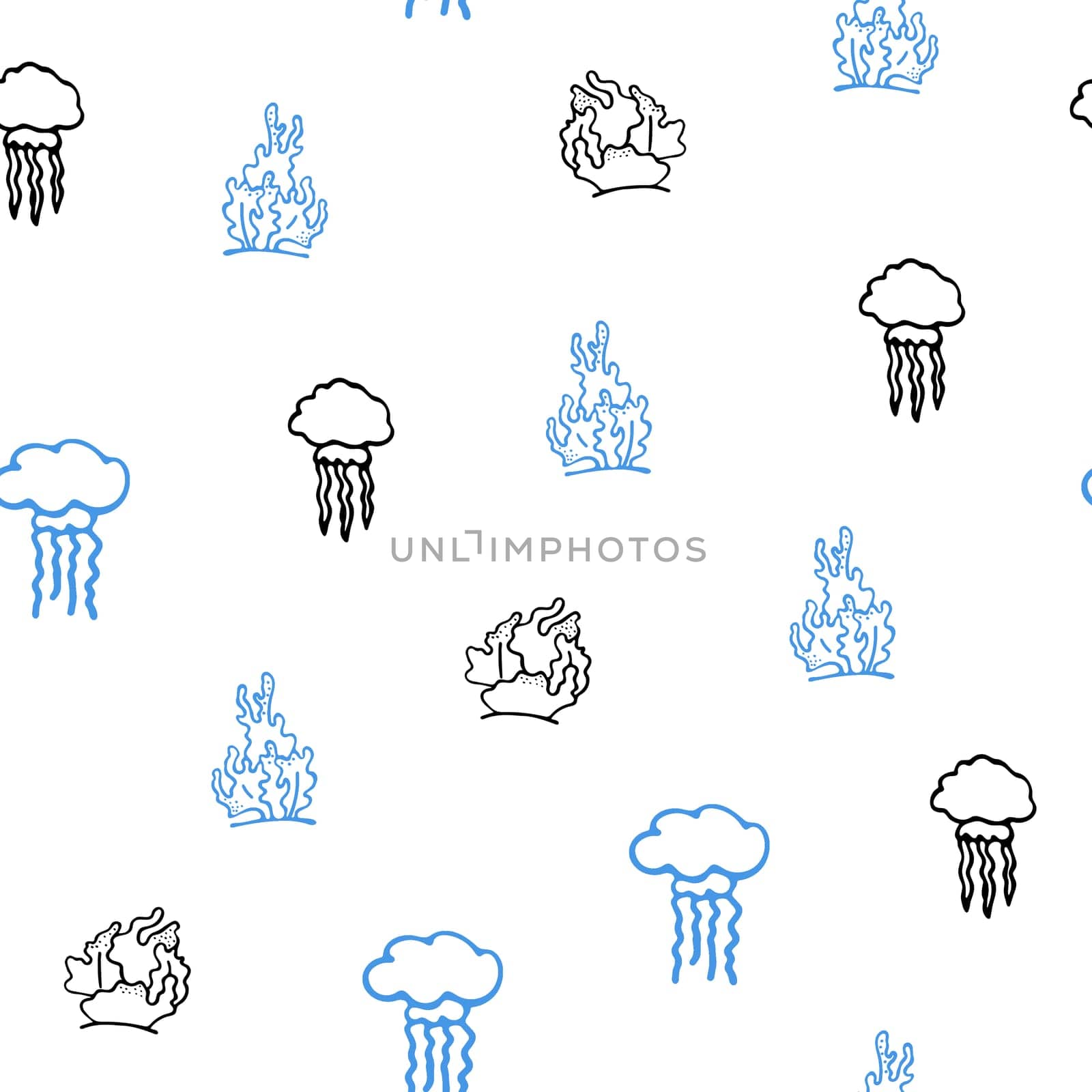 Small Fishes Seamless Pattern. Background with Hand Drawn Doodle Cute Jelly Fish and Coral. by Rina_Dozornaya