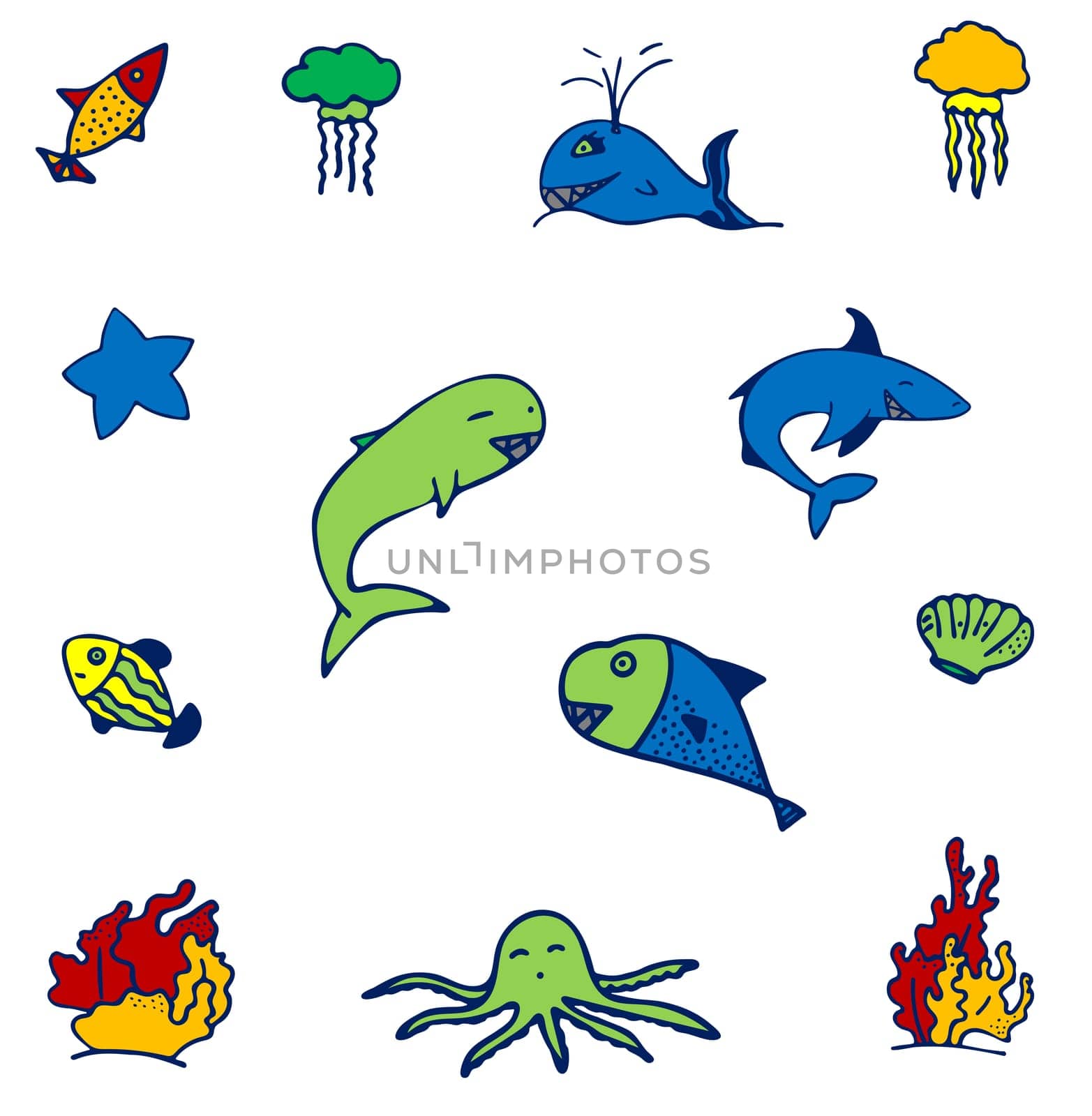 Set of isolated colored fish, seashell, starfish, jellyfish and coral on white background. by Rina_Dozornaya