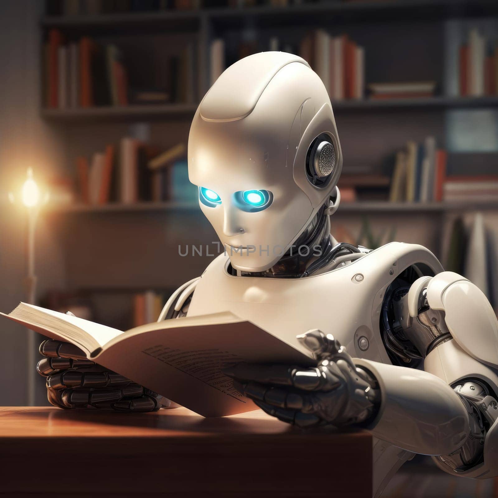 A robot reads a book. The concept of machine learning