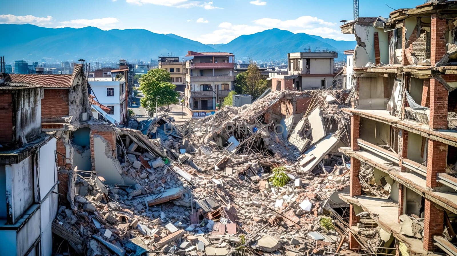 city destroyed by earthquake or bombing, made with Generative AI. High quality illustration