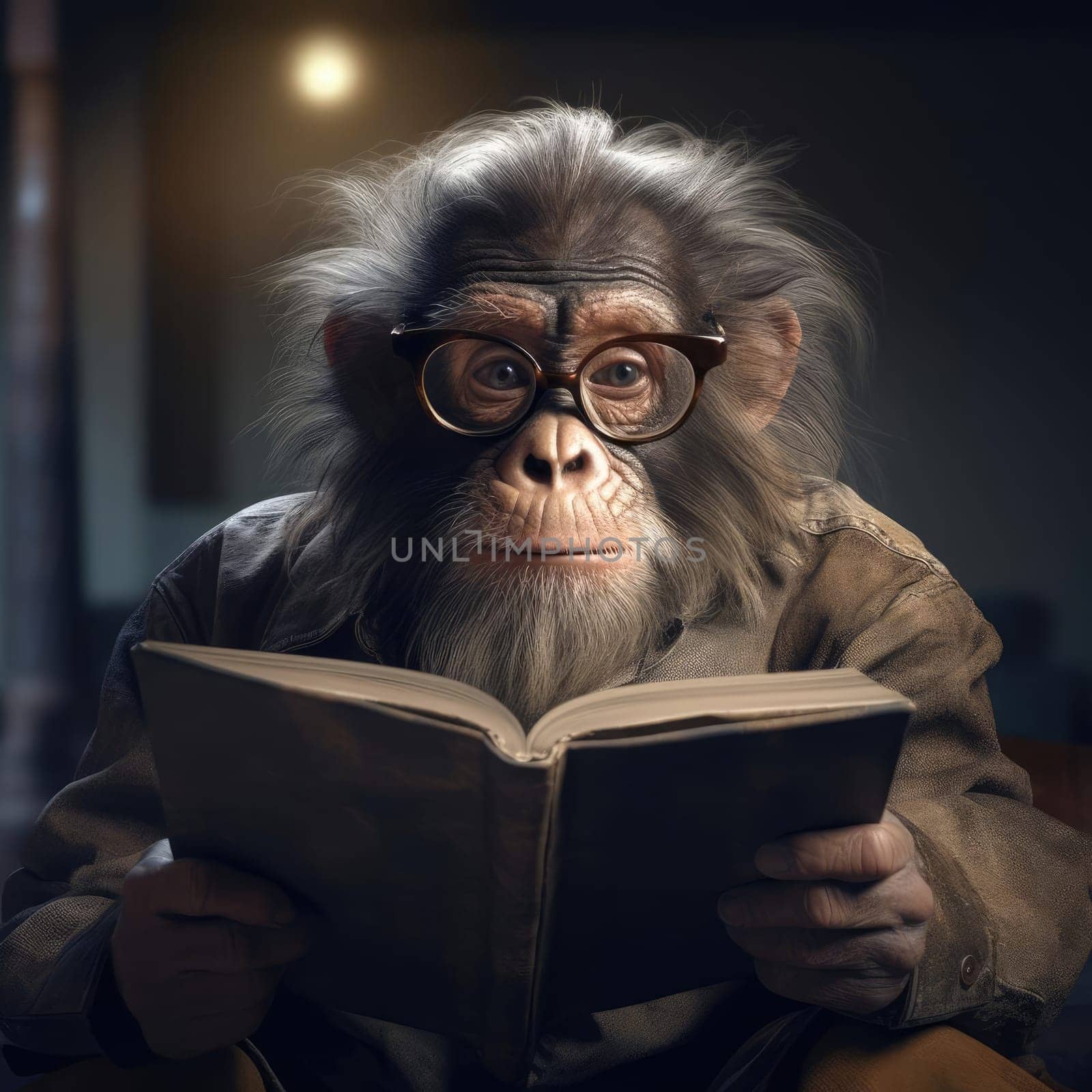 Monkey reading a book, dramatic light