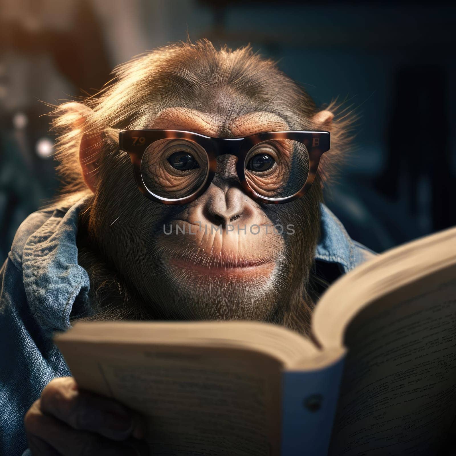 Monkey reading a book, dramatic light