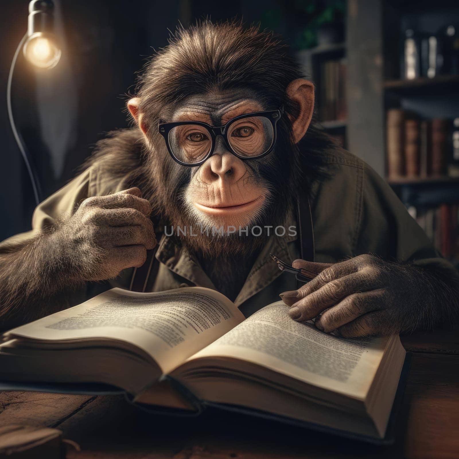 Monkey reading a book, dramatic light