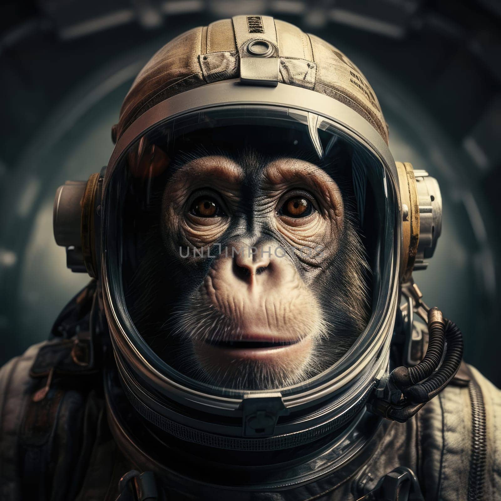 Monkey in space suit in space. Animal life