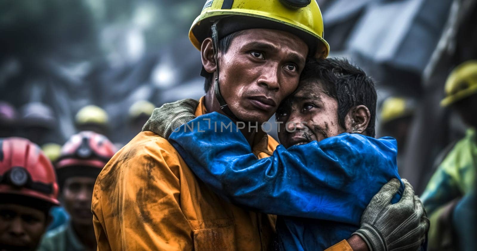 Voluntary rescuers hold rescued children in their arms, rescued people from the rubble and from the underground, made with Generative AI. High quality illustration