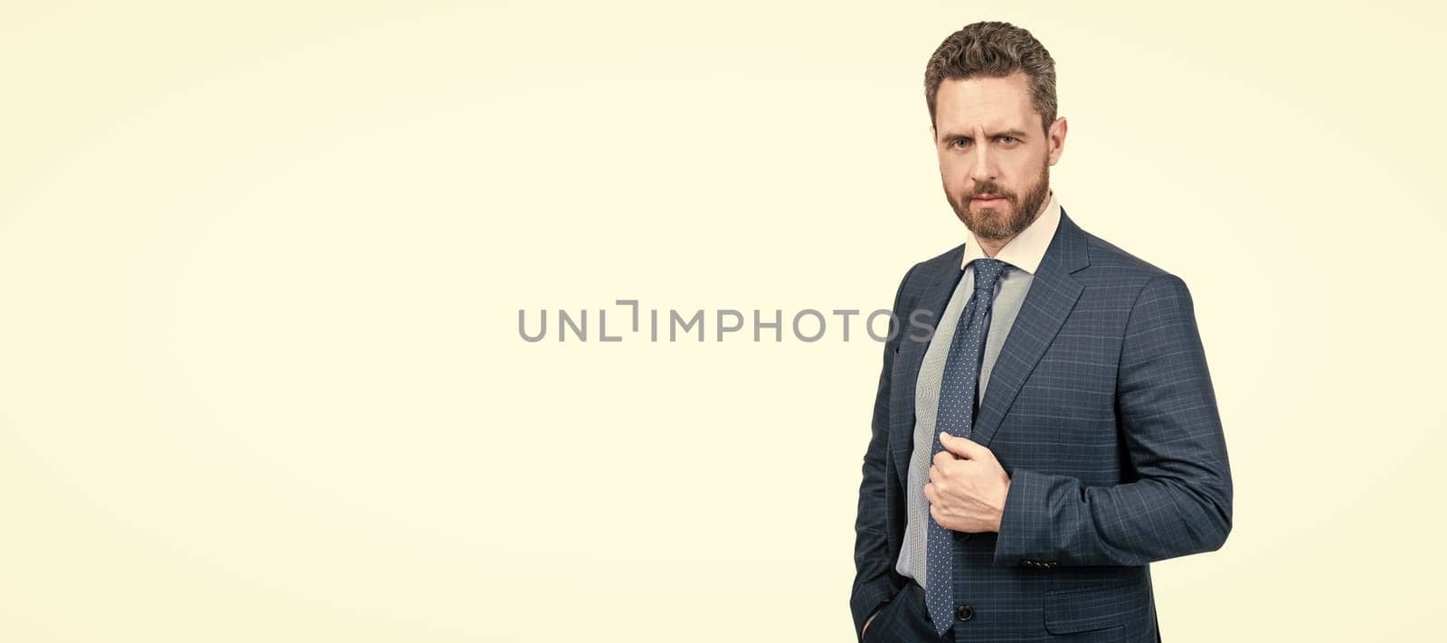 Suiting trend is anything but basic. Director wear classic navy suit. Mens fashion trend. Man face portrait, banner with copy space. by RedFoxStudio